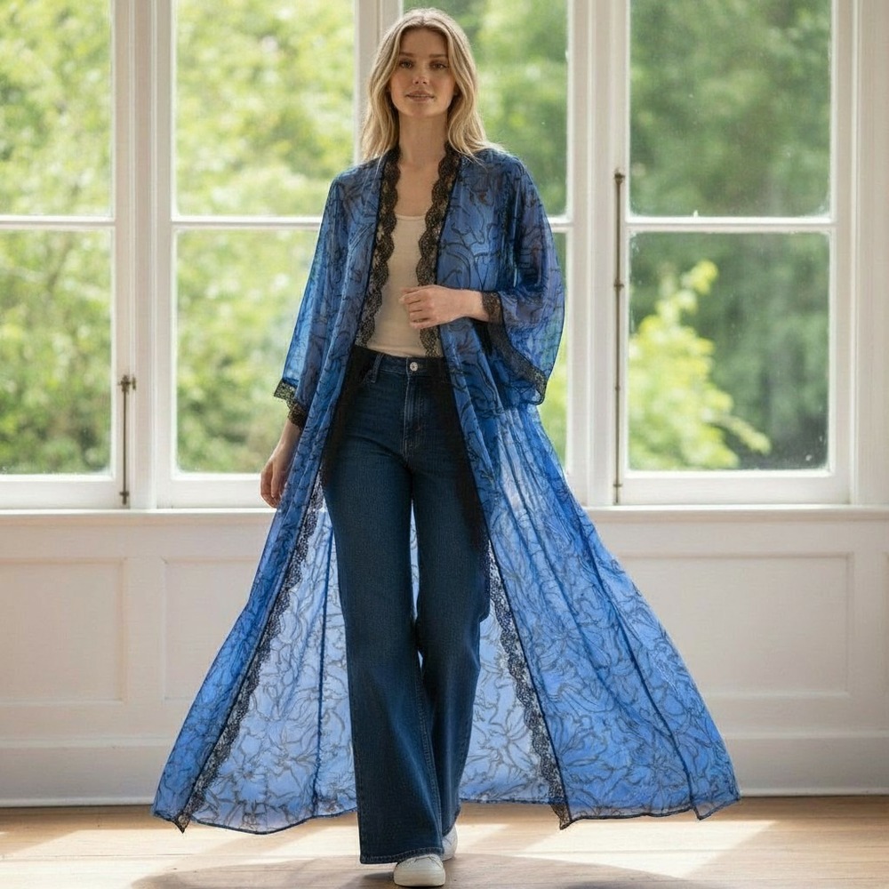 NWT Lucie Ann VTG  Robe Sheer Blue Black PEIGNOIR Abstract Floral Size M